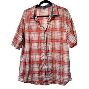 Mens Orange Plaid Linen Blend Button Up Top Autumn Fall Breathable Preppy Sz‎ XL